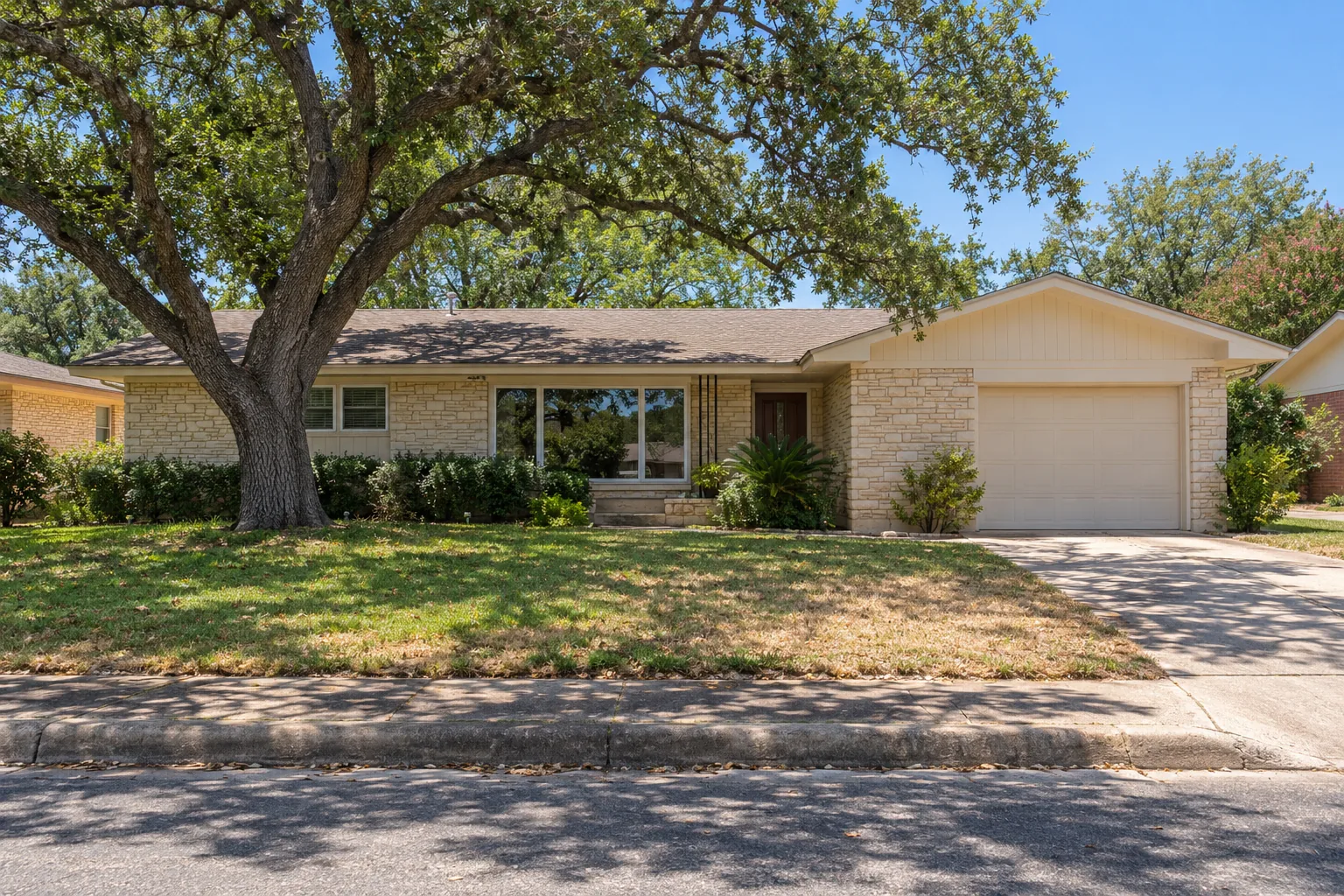 Cream limestone ranch home under a live oak in San Antonio, TX, typical of the city's 1960s housing