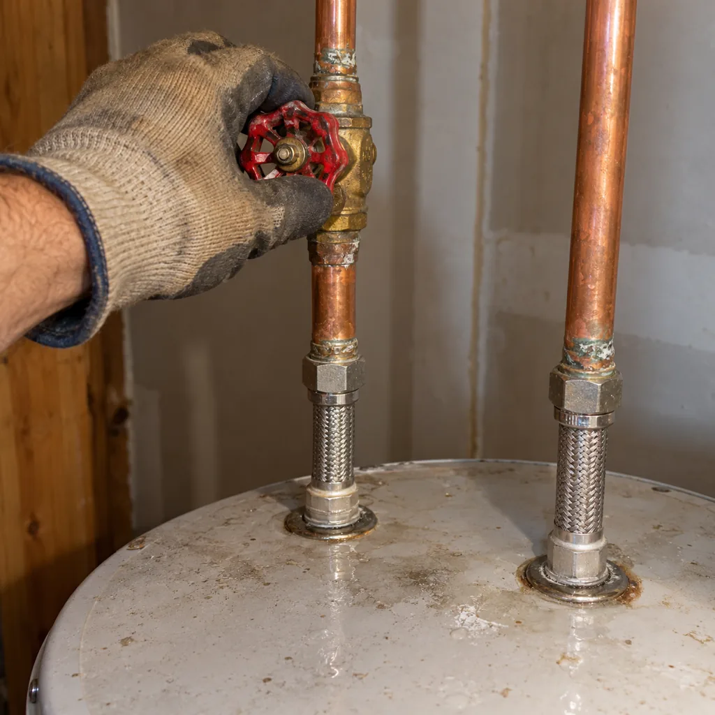 Gloved hand turning the red wheel of the cold-water shut-off valve on the copper pipe above a leaking water heater