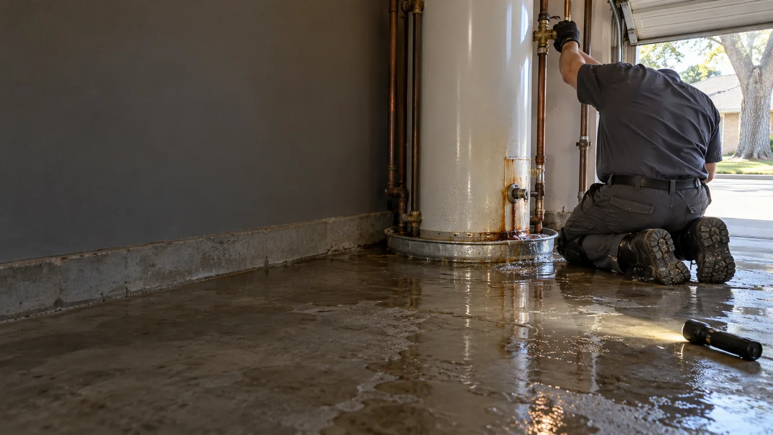 Plumber kneeling by a leaking water heater in a Texas garage, water in the drain pan, hand on the cold shut-off valve