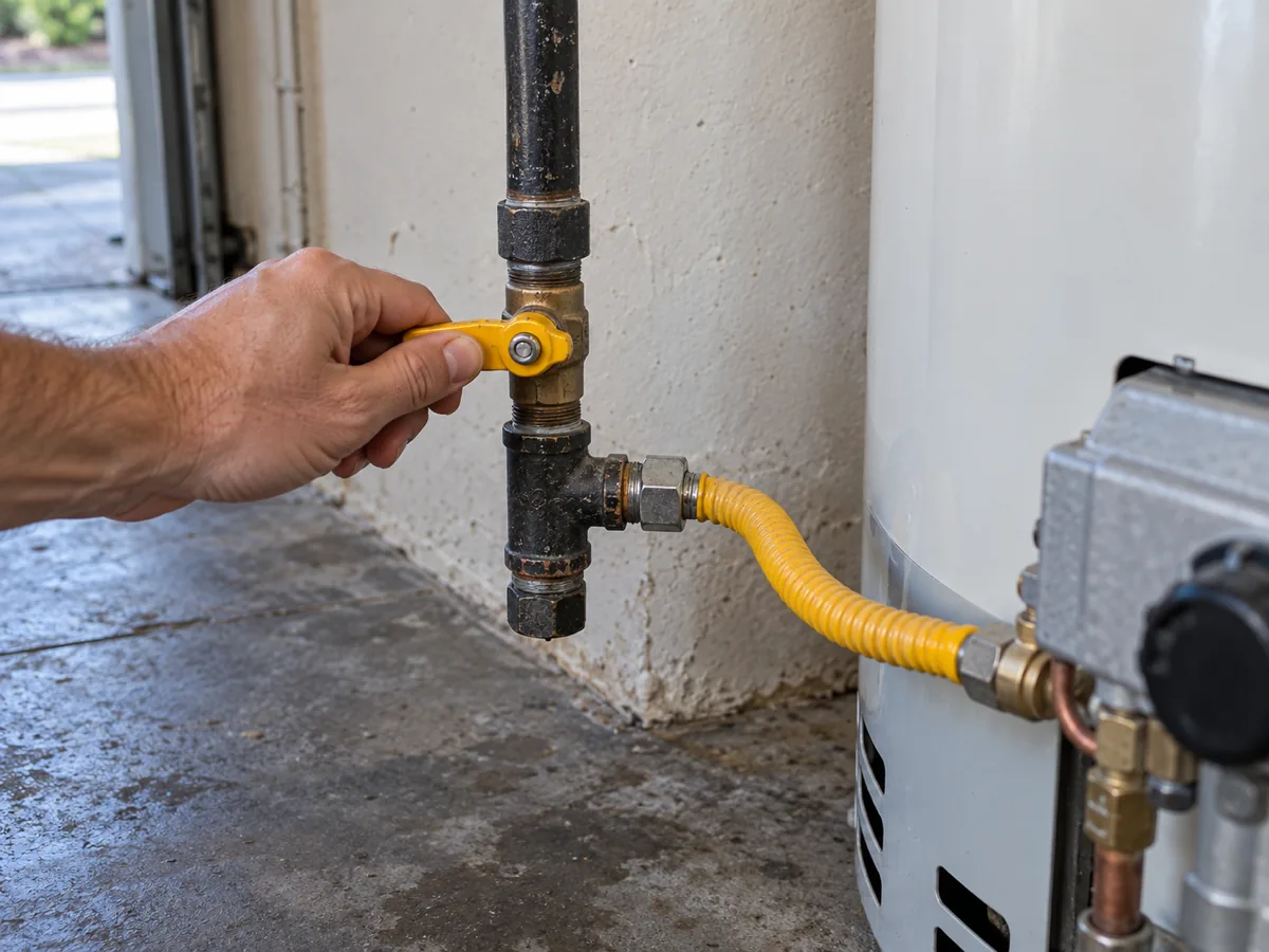 Hand turning the gas supply valve handle crosswise to shut off the gas to a water heater in a garage