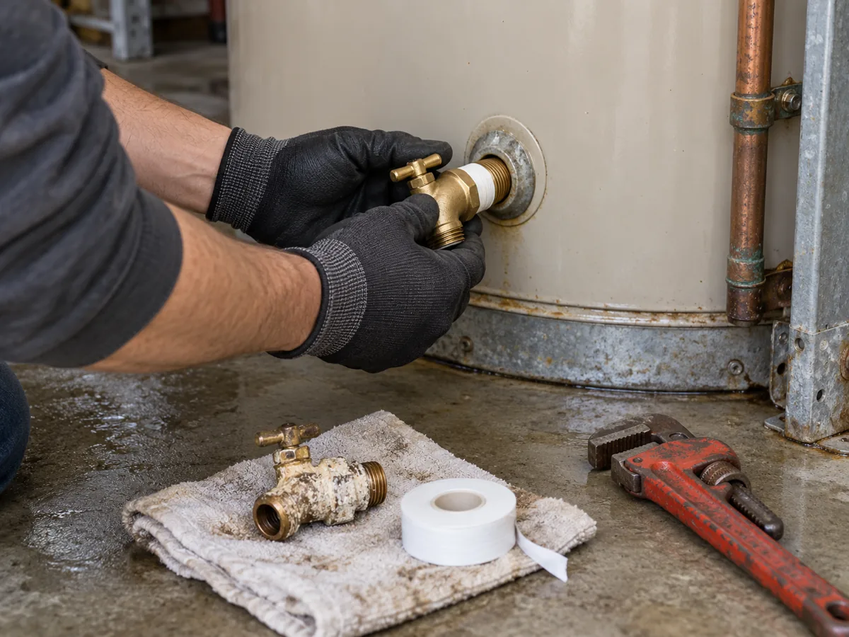 Gloved hands fitting a new brass drain valve on a water heater, a valve or fitting repair that keeps the tank in place