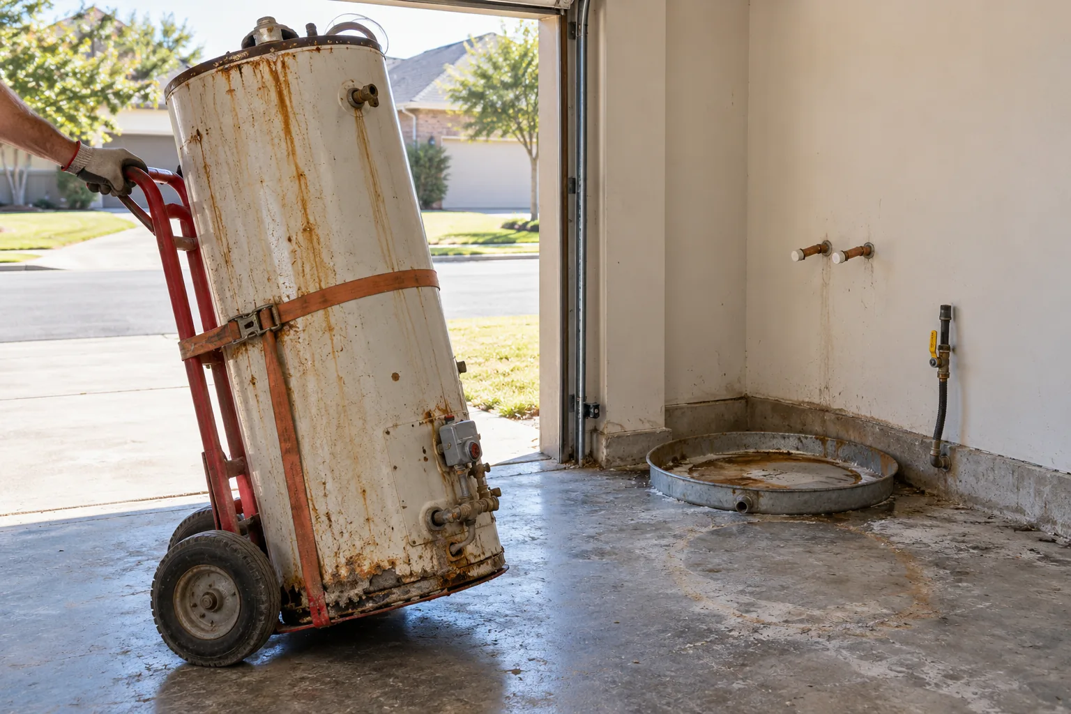 Old rusted water heater strapped to a hand truck in a garage after its tank failed and could not be repaired