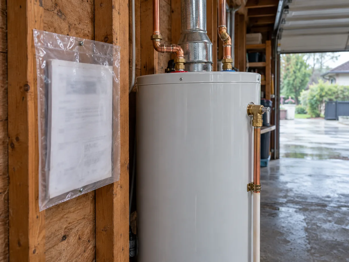 Plumbing permit sheet in a sleeve on the garage wall beside a replaced water heater, the permit the city sets