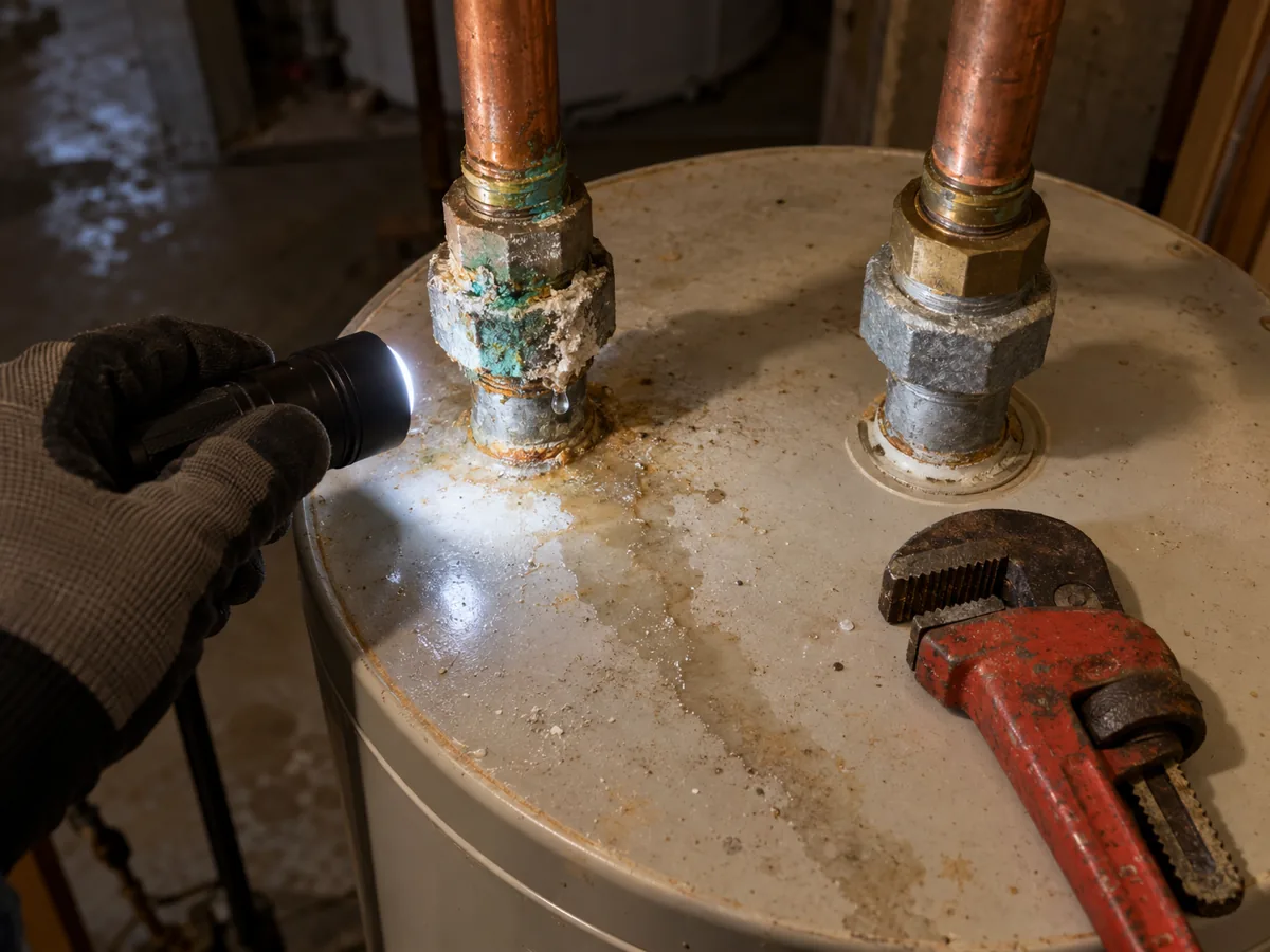 Corroded nipples and dielectric unions on top of a water heater with green and white crust and a wet drip trail