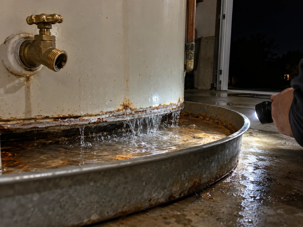 Water seeping from under the jacket at the bottom of a leaking water heater tank while the drain valve stays dry